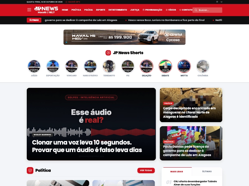 Prévia ilustrativa do portal de notícias Jovem Pan News Maceió, em preto, branco e vermelho.
