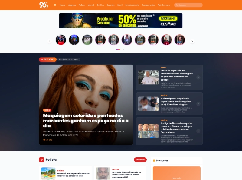 Prévia ilustrativa do portal 96 Notícias, em laranja, branco e preto.