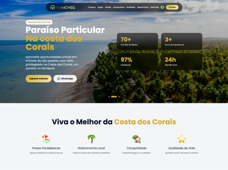 Prévia ilustrativa do site da VJ Imóveis, em tons claros, com arquitetura e imóveis.
